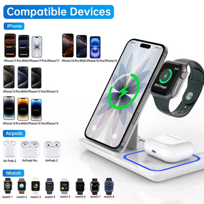 Wireless Charger, 3 in 1 Wireless Charging Station Dock with Breathing Indicator, Fast Charging Stand Compatible with Iphone 17/16/15/14/13/12/11 Pro Max/Xs, Iwatch 10/9/8/7/6/5/4, Airpods 4/3/2/Pro