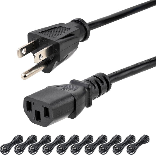 10Ft (3M) Computer Power Cord, NEMA 5-15P to C13, 10A 125V, 18AWG, 10 Pack, Black Replacement AC Power Cord, Printer Power Cord, Monitor/Pc Power Supply Cable - UL Listed (PXT1011010PK) | NEMA 5-15P to C13, UL Listed, Monitor/Pc Power Supply Cable, Black