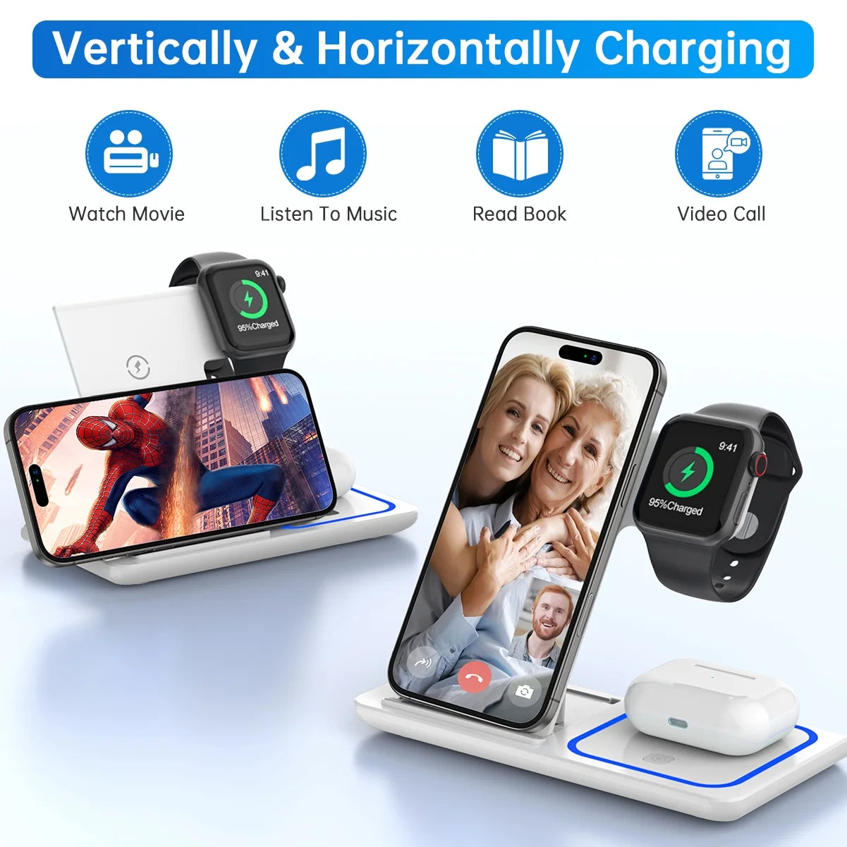 Wireless Charger, 3 in 1 Wireless Charging Station Dock with Breathing Indicator, Fast Charging Stand Compatible with Iphone 17/16/15/14/13/12/11 Pro Max/Xs, Iwatch 10/9/8/7/6/5/4, Airpods 4/3/2/Pro