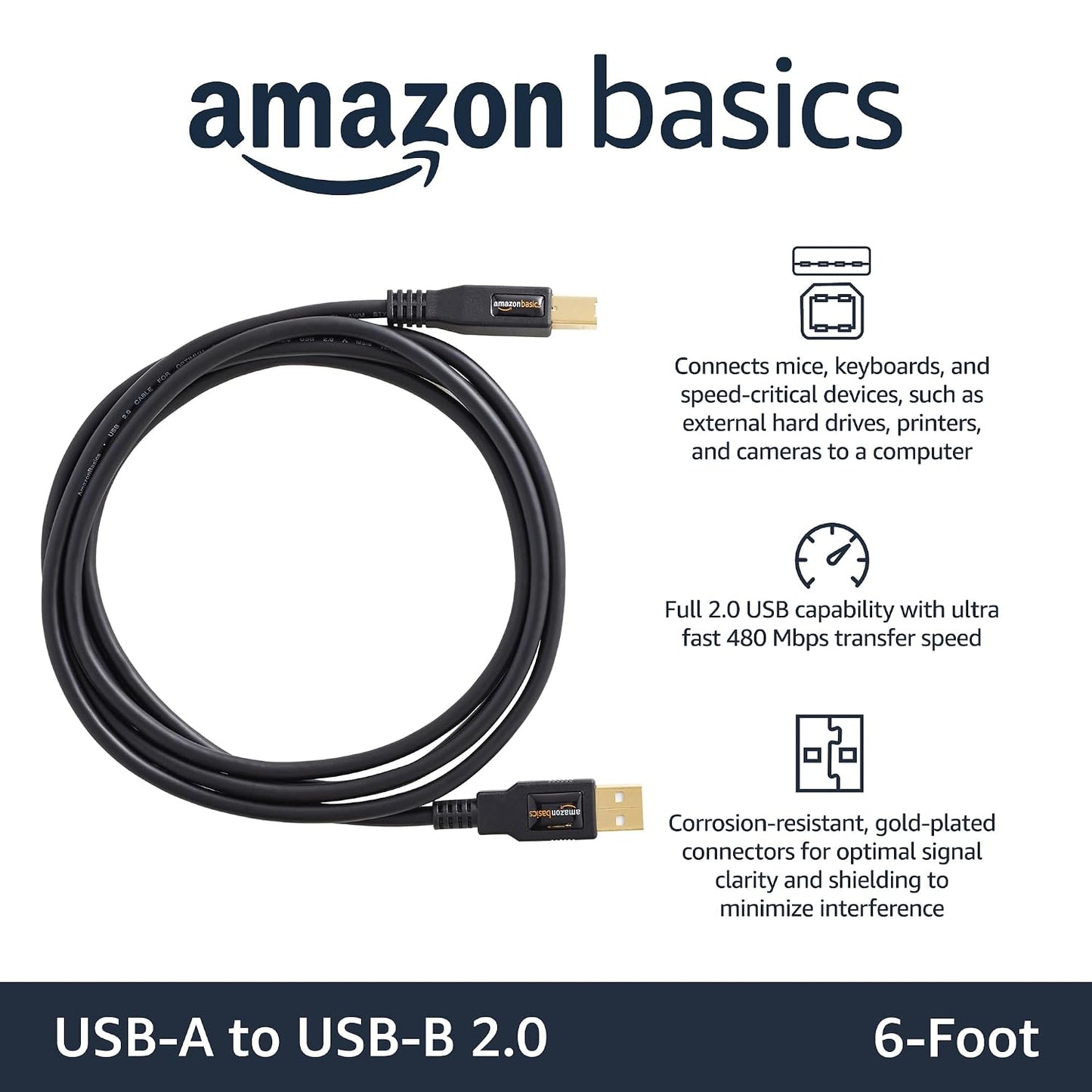 USB 2.0 Cable, USB-A to USB-B, for Printer or External Hard Drive, Connect to Computer/Laptop/Pc, 480 Mbps Transfer Speed, Gold-Plated Connectors, 6 Foot, Black