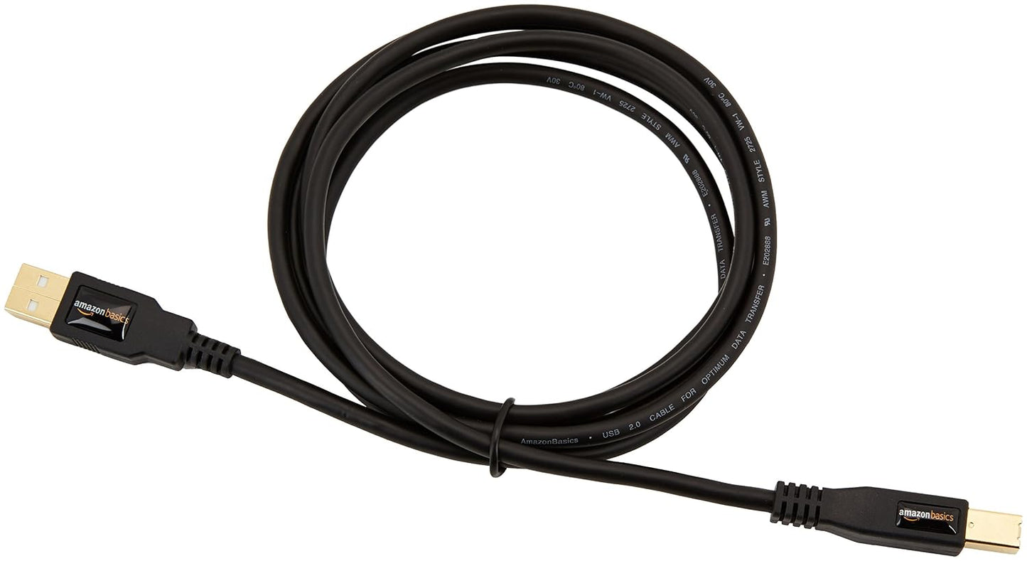 USB 2.0 Cable, USB-A to USB-B, for Printer or External Hard Drive, Connect to Computer/Laptop/Pc, 480 Mbps Transfer Speed, Gold-Plated Connectors, 6 Foot, Black