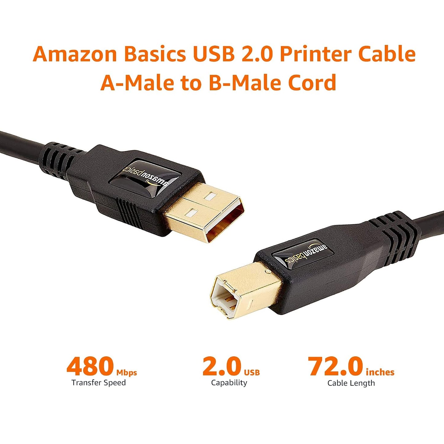 USB 2.0 Cable, USB-A to USB-B, for Printer or External Hard Drive, Connect to Computer/Laptop/Pc, 480 Mbps Transfer Speed, Gold-Plated Connectors, 6 Foot, Black